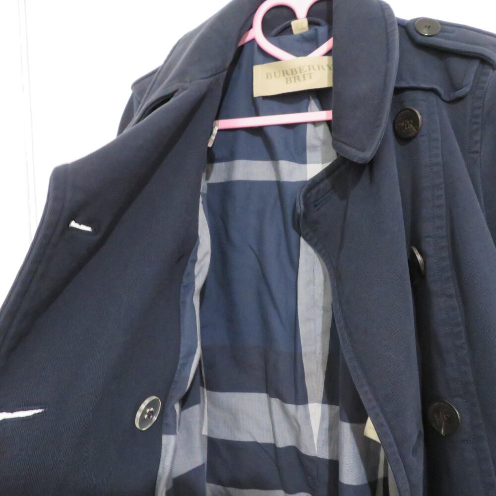 Burberry Brit Women Sz 4 Navy Blue Cotton Double Breasted Peacoat - Picture 6 of 11